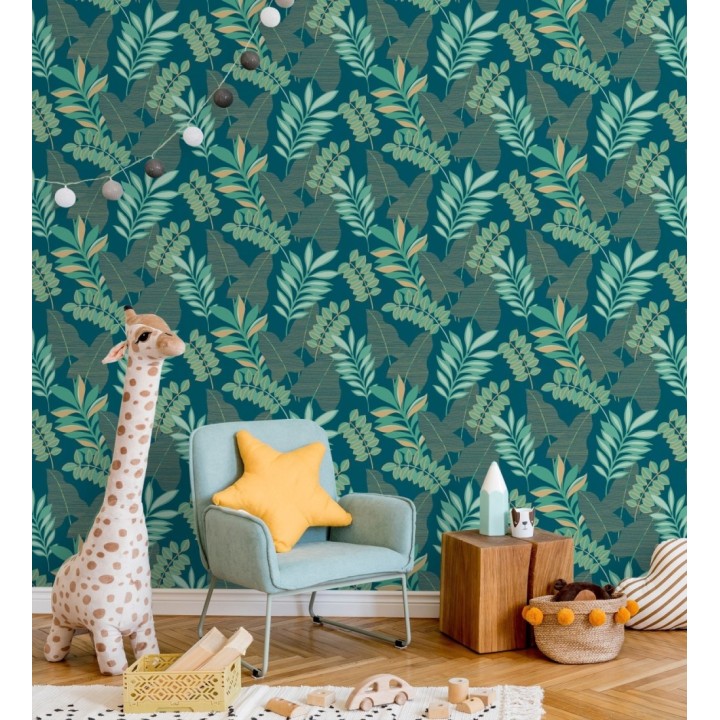 Papel pintado de hojas grandes con efectos dorados - Dakari 128588