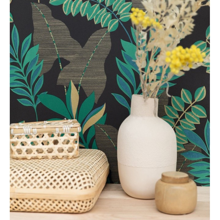 Papel pintado de hojas grandes con efectos dorados - Dakari 128590