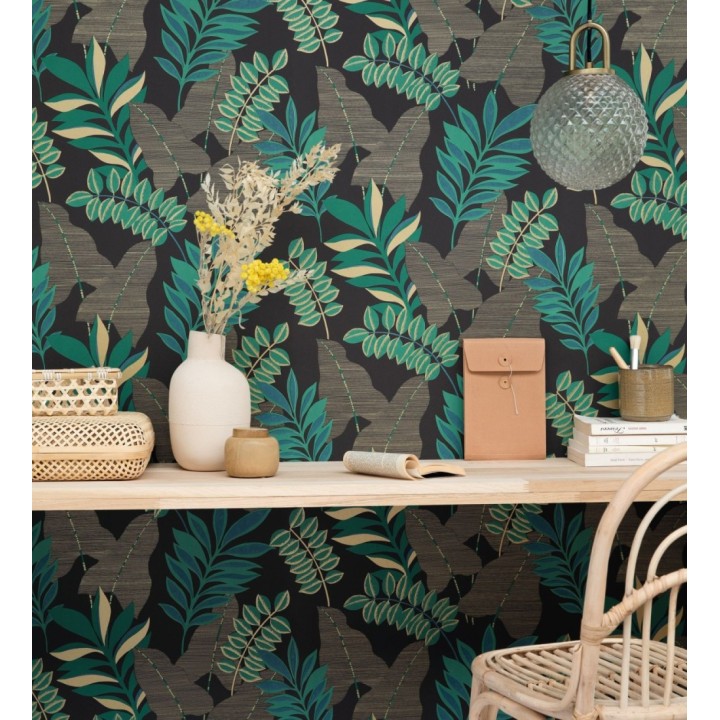 Papel pintado de hojas grandes con efectos dorados - Dakari 128590