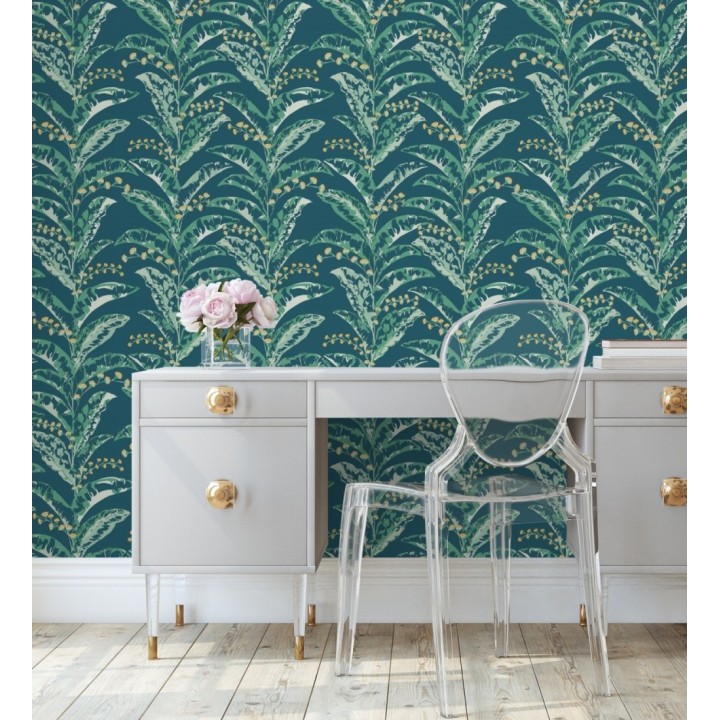 Papel pintado de hojas verticales con efectos dorados - Shaka 128593