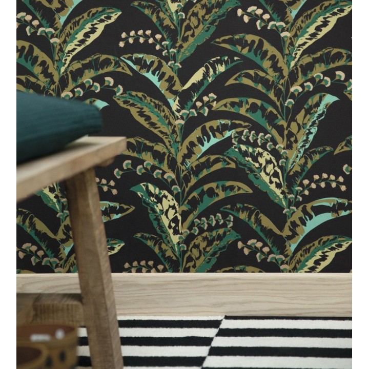 Papel pintado de hojas verticales con efectos dorados - Shaka 128595