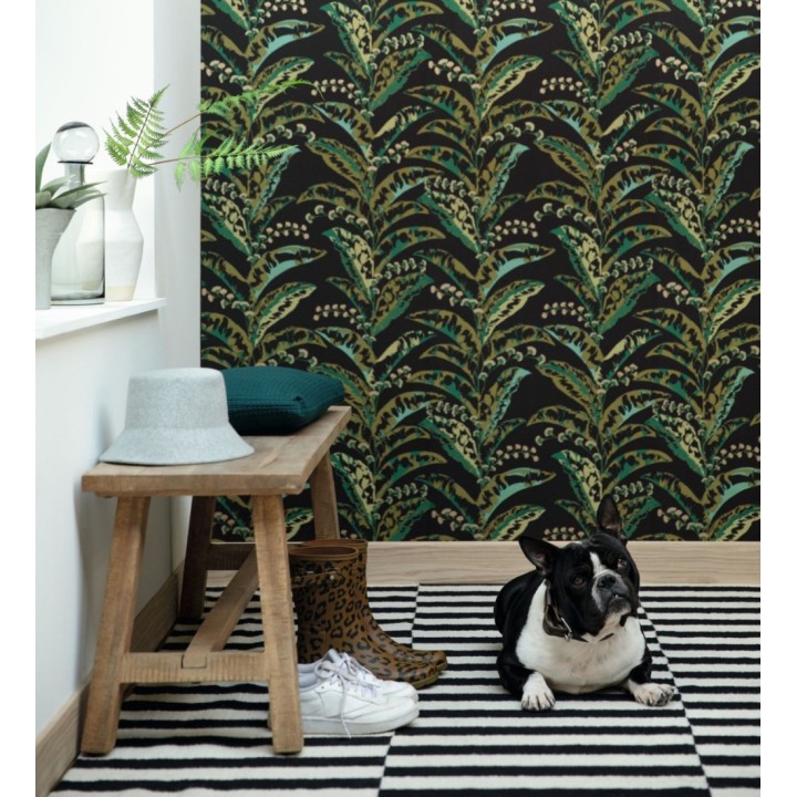 Papel pintado de hojas verticales con efectos dorados - Shaka 128595