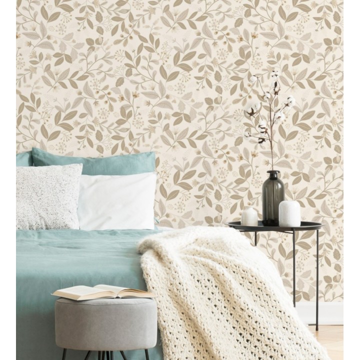 Papel pintado de hojas tonos beige y grises - Damica 128600