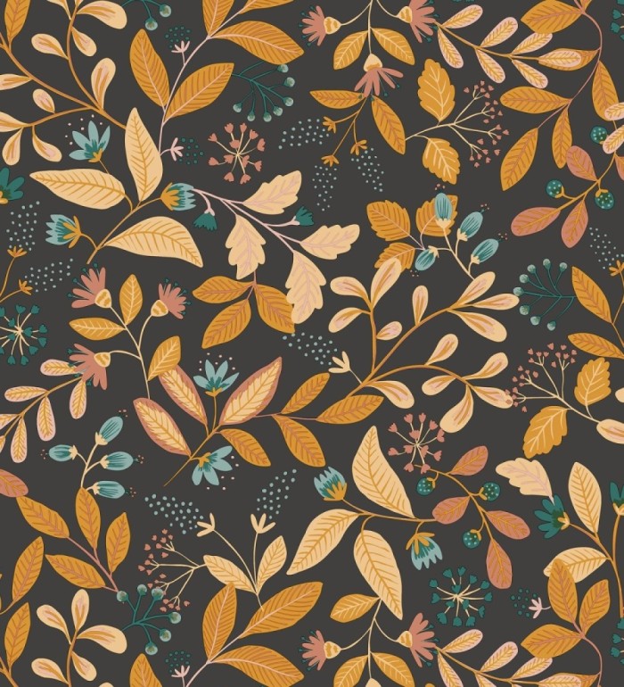 Papel pintado de hojas tonos naranja y coral fondo oscuro - Damica 128601