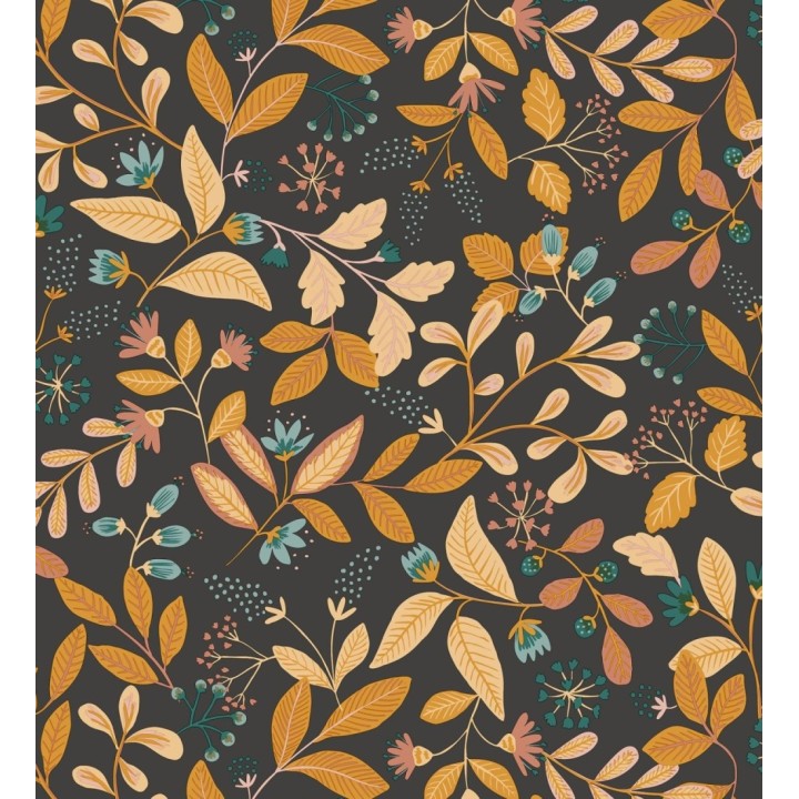 Papel pintado de hojas tonos naranja y coral fondo oscuro - Damica 128601