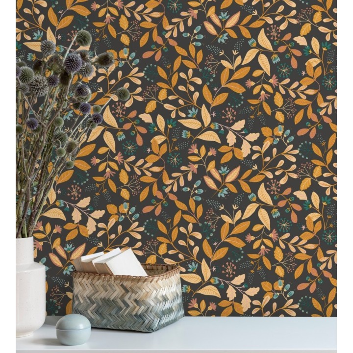 Papel pintado de hojas tonos naranja y coral fondo oscuro - Damica 128601