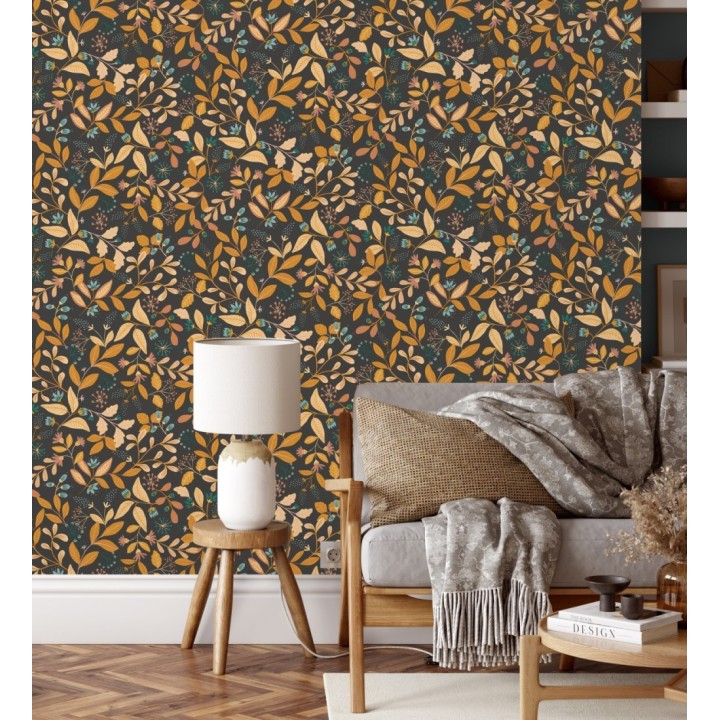 Papel pintado de hojas tonos naranja y coral fondo oscuro - Damica 128601