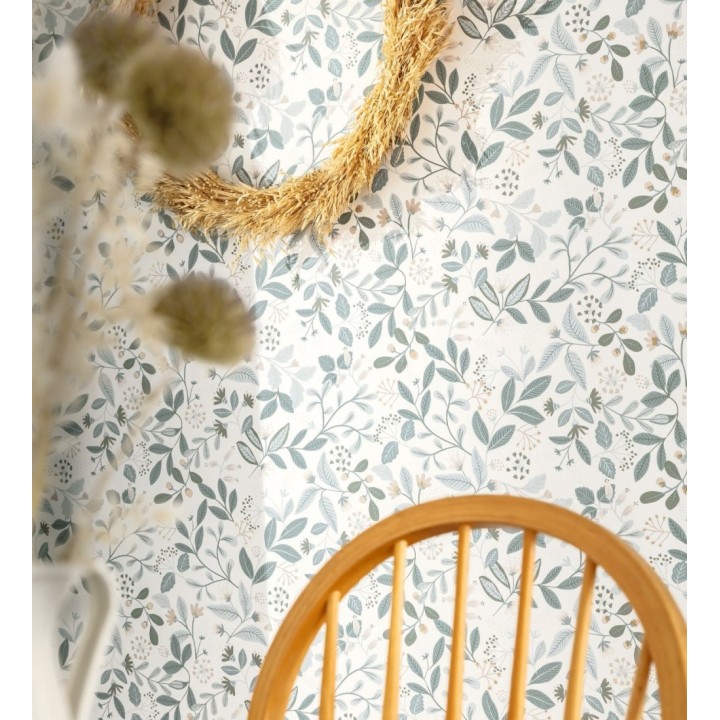 Papel pintado de hojas celeste y turquesa fondo claro - Damica 128603