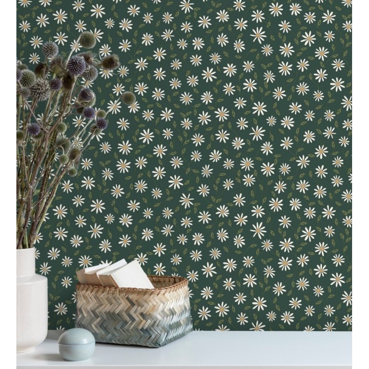 Papel pintado de margaritas blancas fondo verde oscuro - Margaret 128610