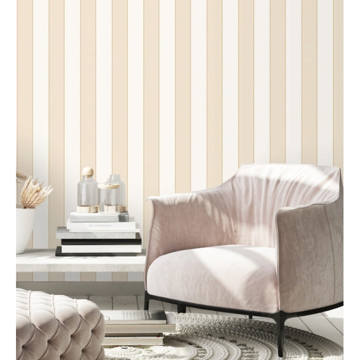 Papel pintado de rayas tonos beige con líneas finas doradas - Diana Stripes 128611