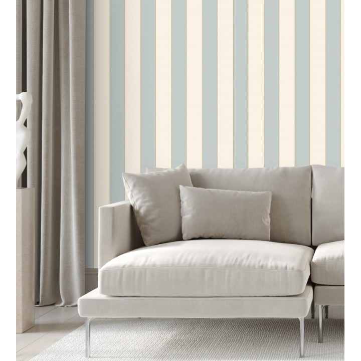 Papel pintado de rayas tono celestes con líneas finas doradas - Diana Stripes 128613