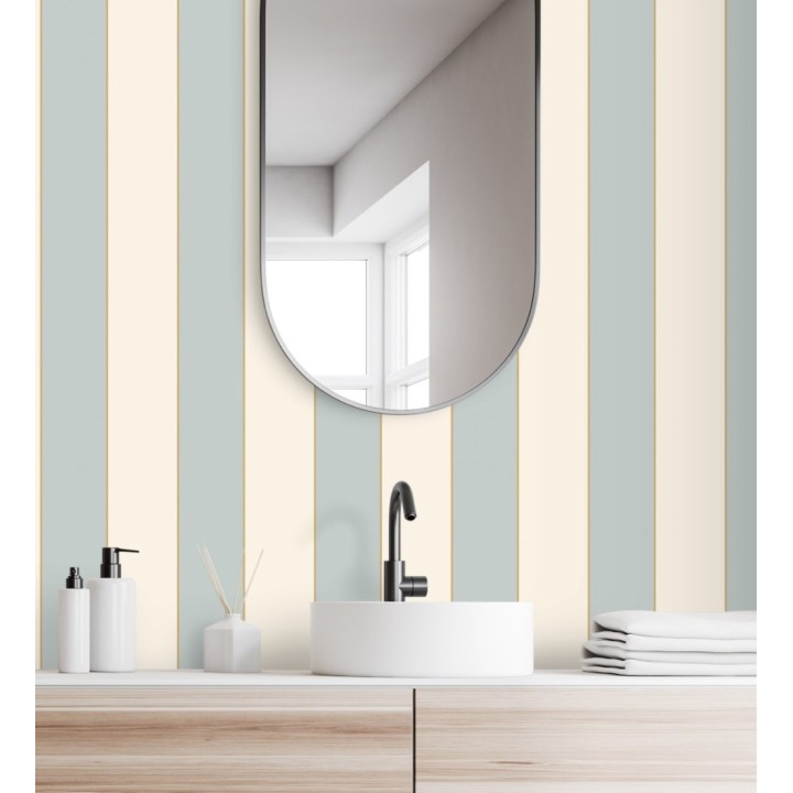 Papel pintado de rayas tono celestes con líneas finas doradas - Diana Stripes 128613