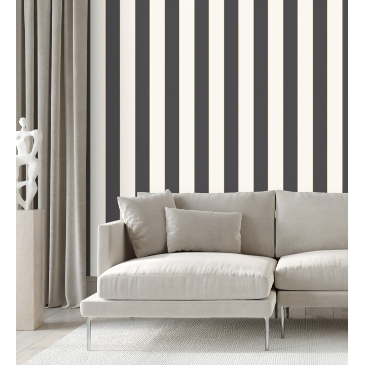 Papel pintado de rayas blancas y negras con líneas finas doradas - Diana Stripes 128614