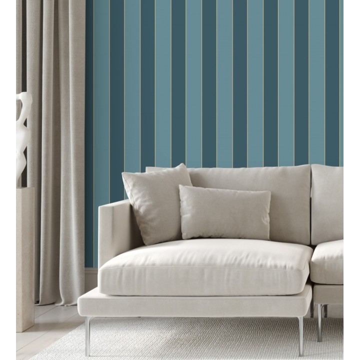 Papel pintado de rayas tonos turquesa con líneas finas doradas - Diana Stripes 128615