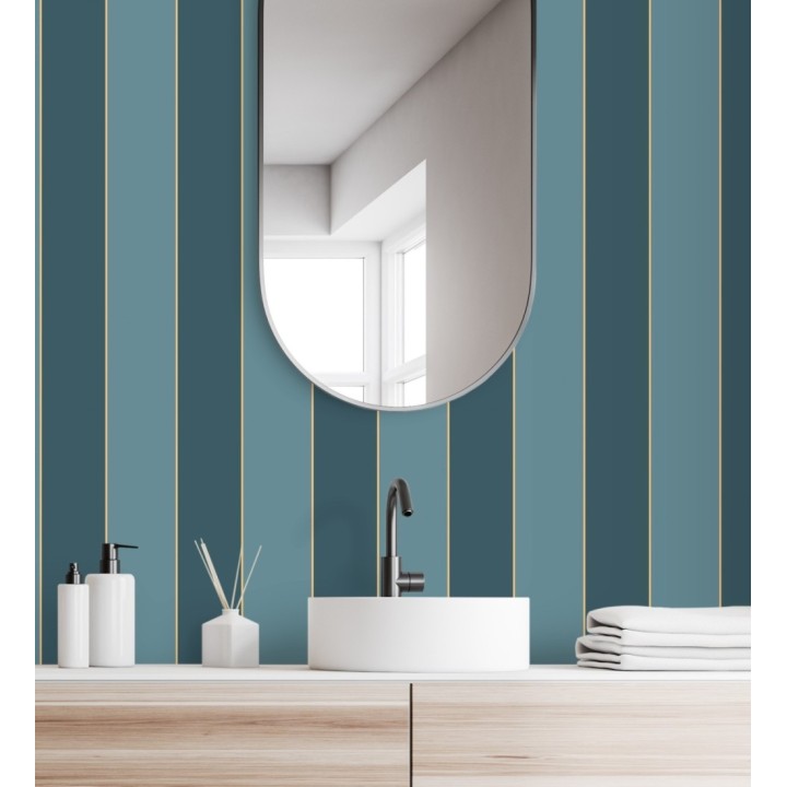 Papel pintado de rayas tonos turquesa con líneas finas doradas - Diana Stripes 128615