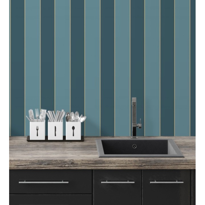 Papel pintado de rayas tonos turquesa con líneas finas doradas - Diana Stripes 128615