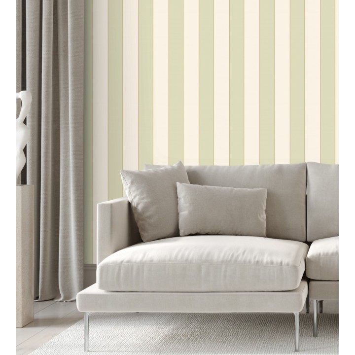 Papel pintado de rayas tonos verdes con líneas finas doradas - Diana Stripes 128616