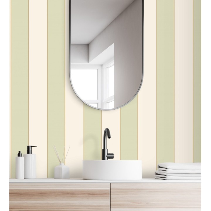 Papel pintado de rayas tonos verdes con líneas finas doradas - Diana Stripes 128616