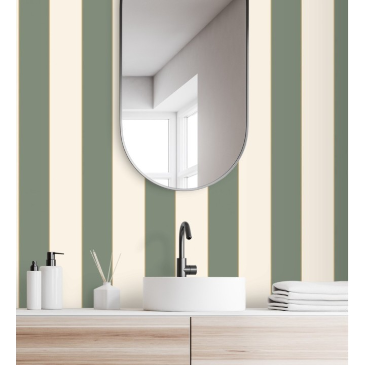 Papel pintado de rayas tonos verde oliva con líneas finas doradas - Diana Stripes 128617