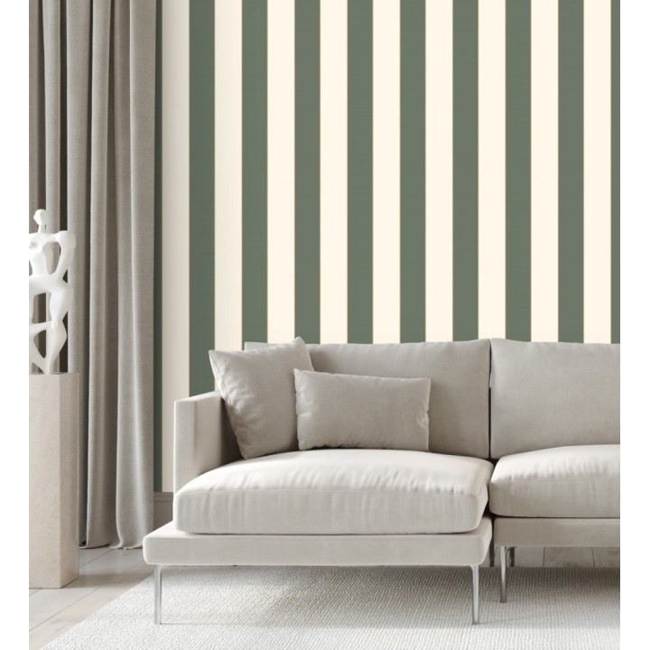 Papel pintado de rayas tonos verde oliva con líneas finas doradas - Diana Stripes 128617