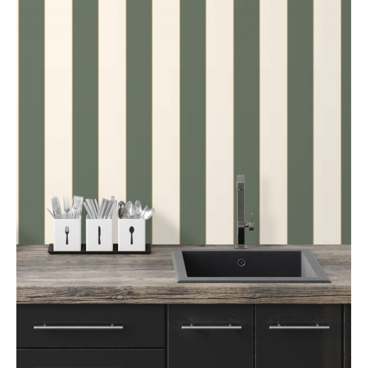 Papel pintado de rayas tonos verde oliva con líneas finas doradas - Diana Stripes 128617