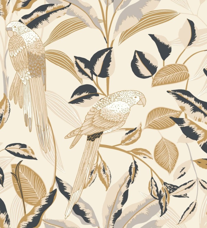Papel pintado de loros y hojas beige con detalles dorados estilo Art déco - Laika Parrots 128618