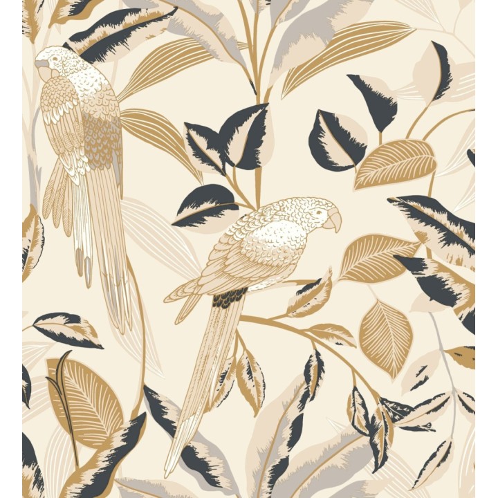 Papel pintado de loros y hojas beige con detalles dorados estilo Art déco - Laika Parrots 128618