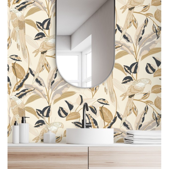 Papel pintado de loros y hojas beige con detalles dorados estilo Art déco - Laika Parrots 128618