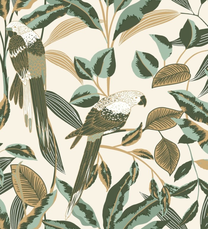 Papel pintado de loros y hojas verdes con detalles dorados estilo Art déco - Laika Parrots 128619