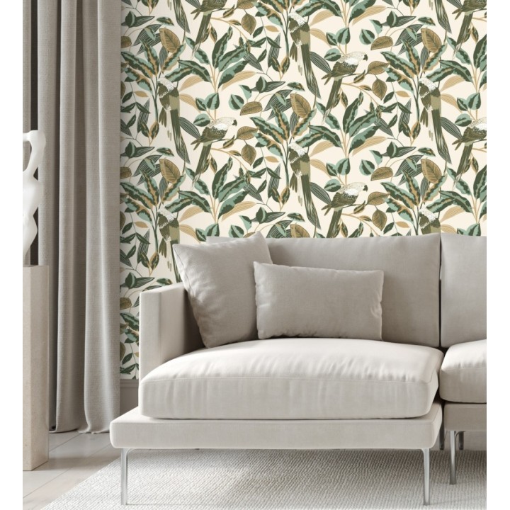 Papel pintado de loros y hojas verdes con detalles dorados estilo Art déco - Laika Parrots 128619