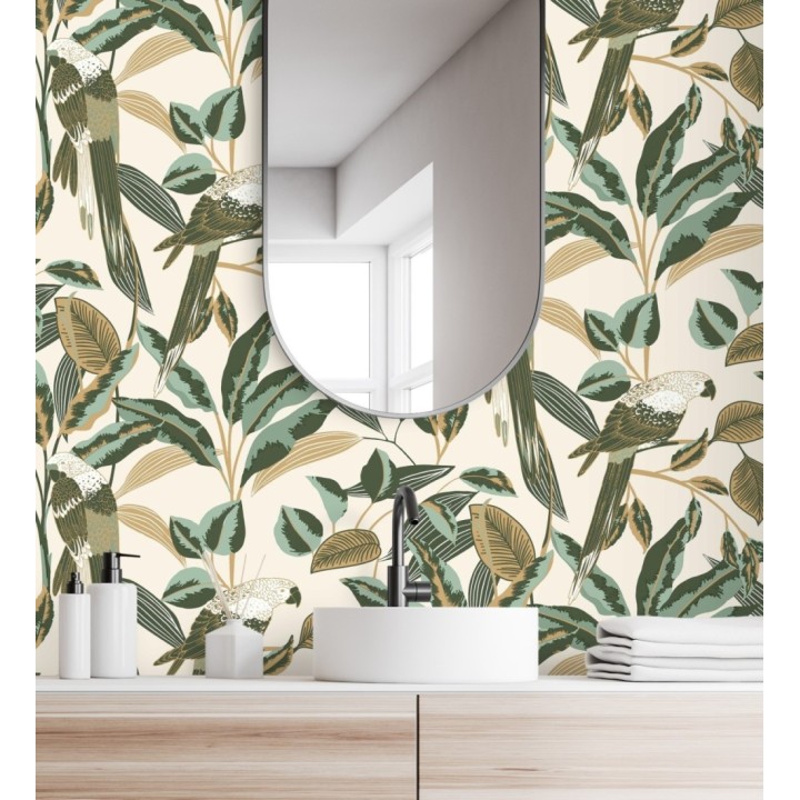 Papel pintado de loros y hojas verdes con detalles dorados estilo Art déco - Laika Parrots 128619