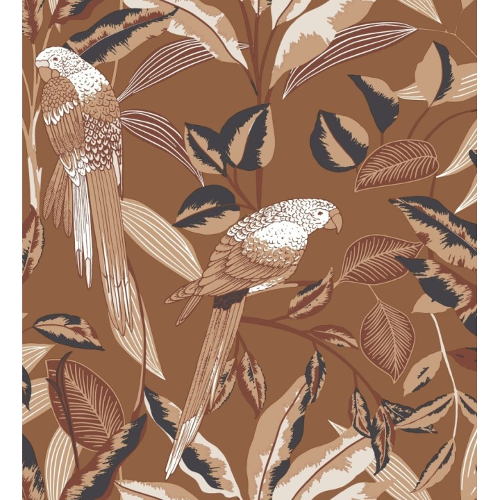 Papel pintado de loros y hojas fondo marrón con detalles dorados estilo Art déco - Laika Parrots 128620