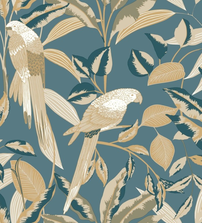 Papel pintado de loros y hojas fondo azul con detalles dorados estilo Art déco - Laika Parrots 128621