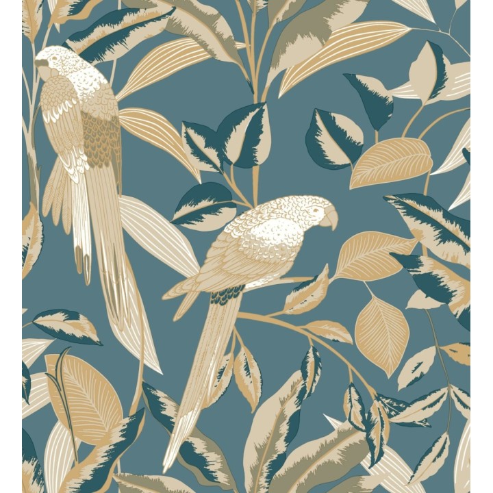 Papel pintado de loros y hojas fondo azul con detalles dorados estilo Art déco - Laika Parrots 128621