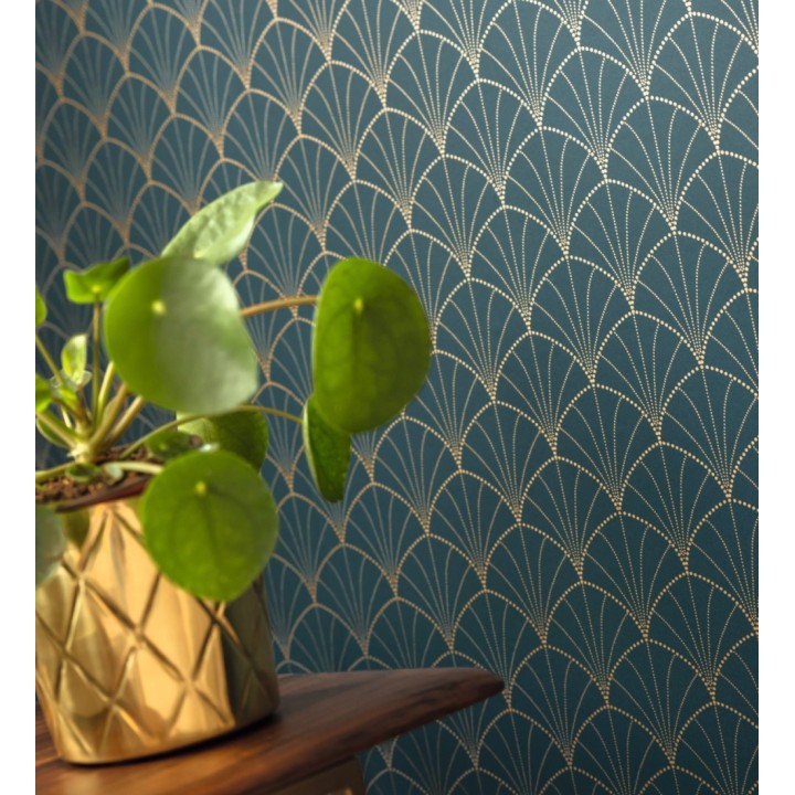 Papel pintado geométrico dorado fondo turquesa estilo Art déco - Waldorf Astoria 128624