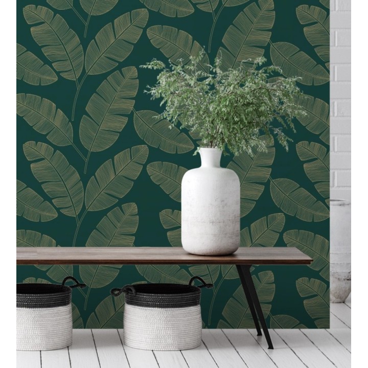 Papel pintado hojas grandes tropicales con efectos dorados - Loany Leaves 128628