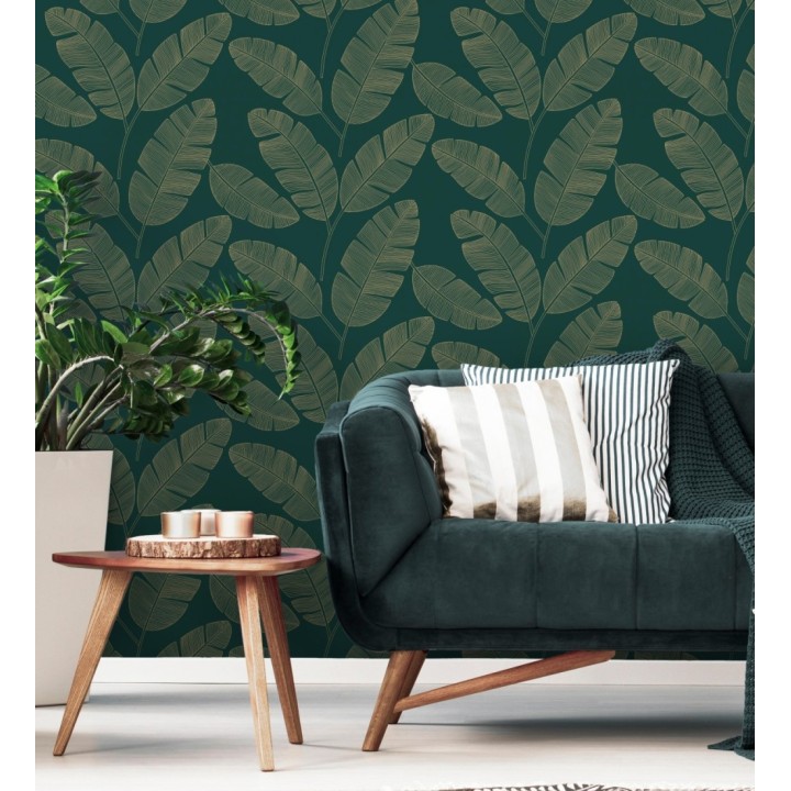 Papel pintado hojas grandes tropicales con efectos dorados - Loany Leaves 128628