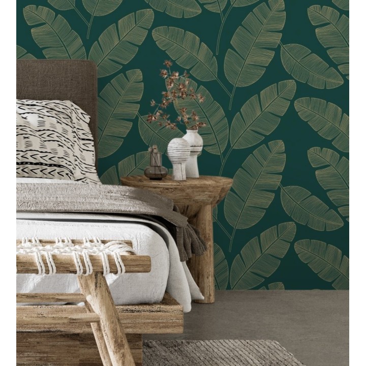 Papel pintado hojas grandes tropicales con efectos dorados - Loany Leaves 128628