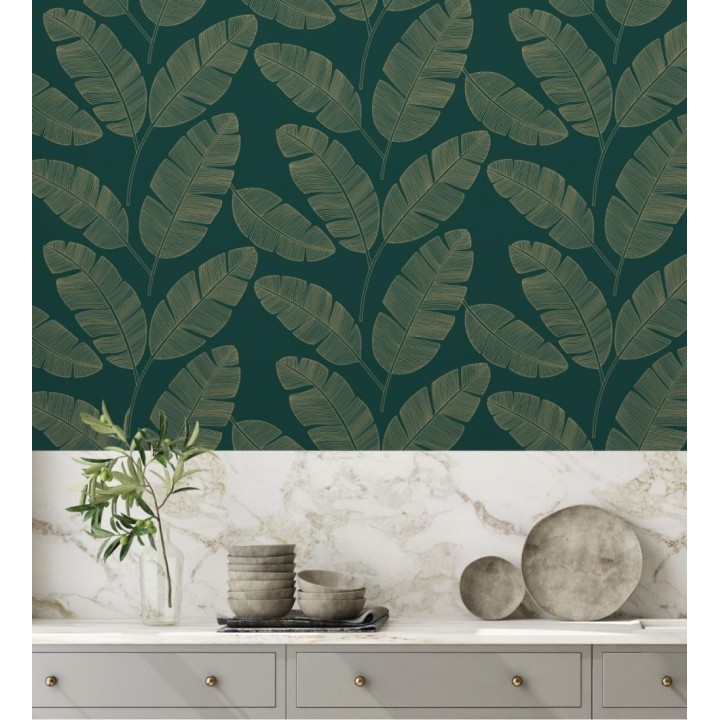 Papel pintado hojas grandes tropicales con efectos dorados - Loany Leaves 128628