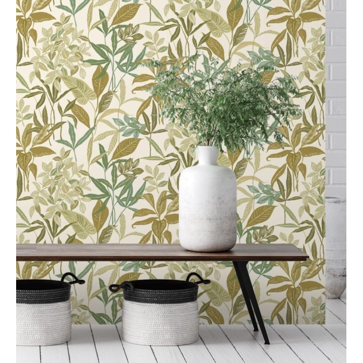 Papel pintado étnico de hojas y plantas tropicales de la India - Inda Jani 128629