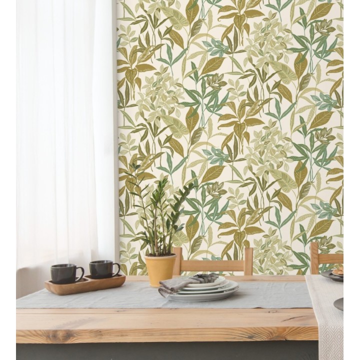 Papel pintado étnico de hojas y plantas tropicales de la India - Inda Jani 128629