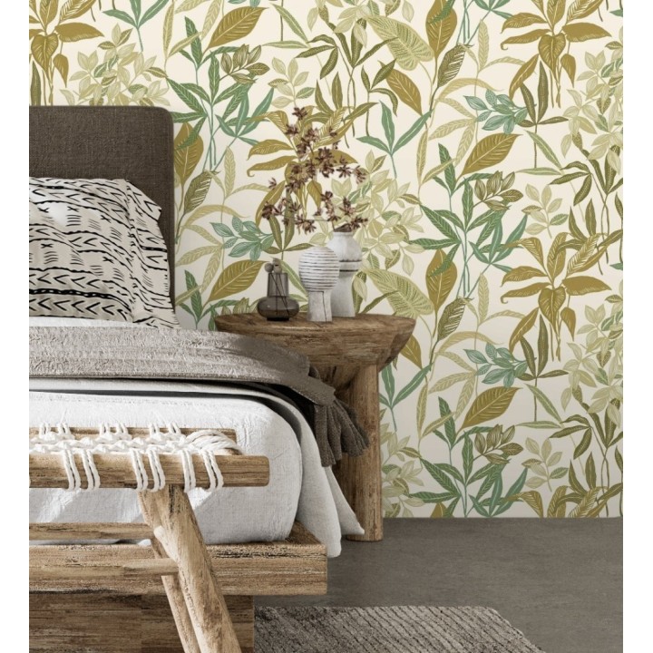 Papel pintado étnico de hojas y plantas tropicales de la India - Inda Jani 128629