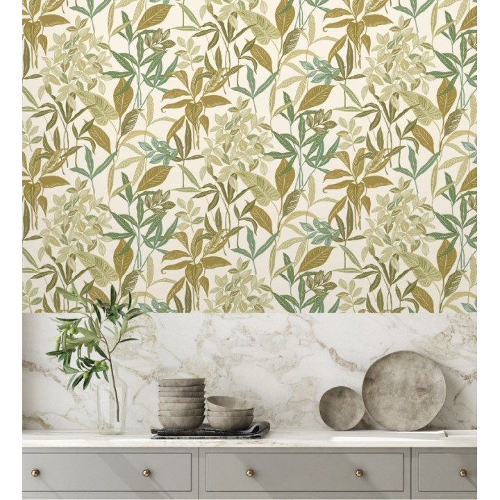 Papel pintado étnico de hojas y plantas tropicales de la India - Inda Jani 128629