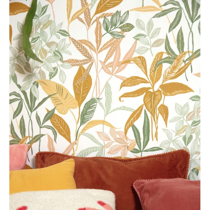 Papel pintado étnico de hojas y plantas tropicales de la India - Inda Jani 128630