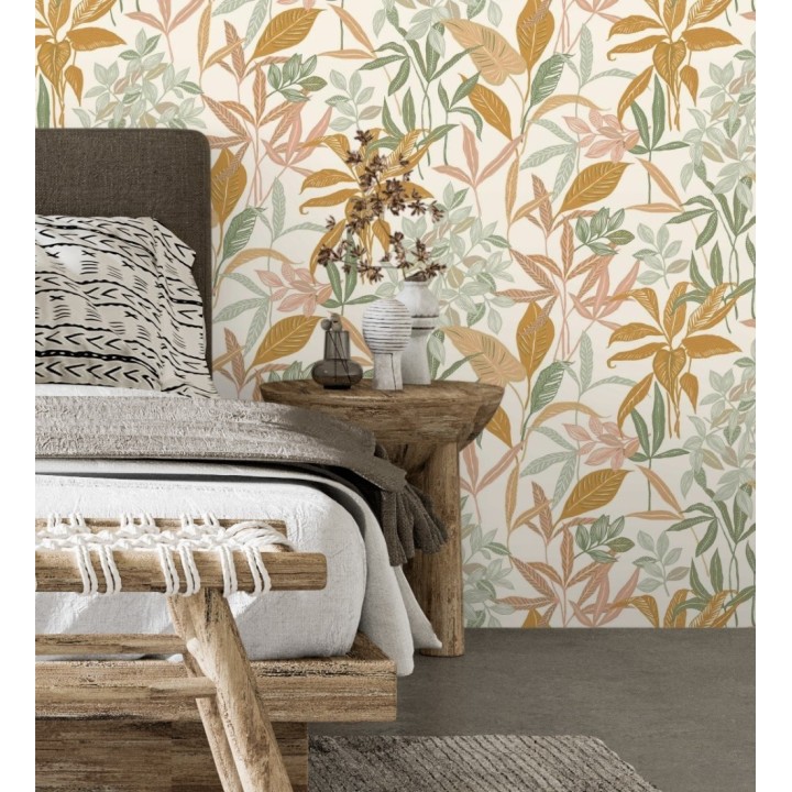 Papel pintado étnico de hojas y plantas tropicales de la India - Inda Jani 128630