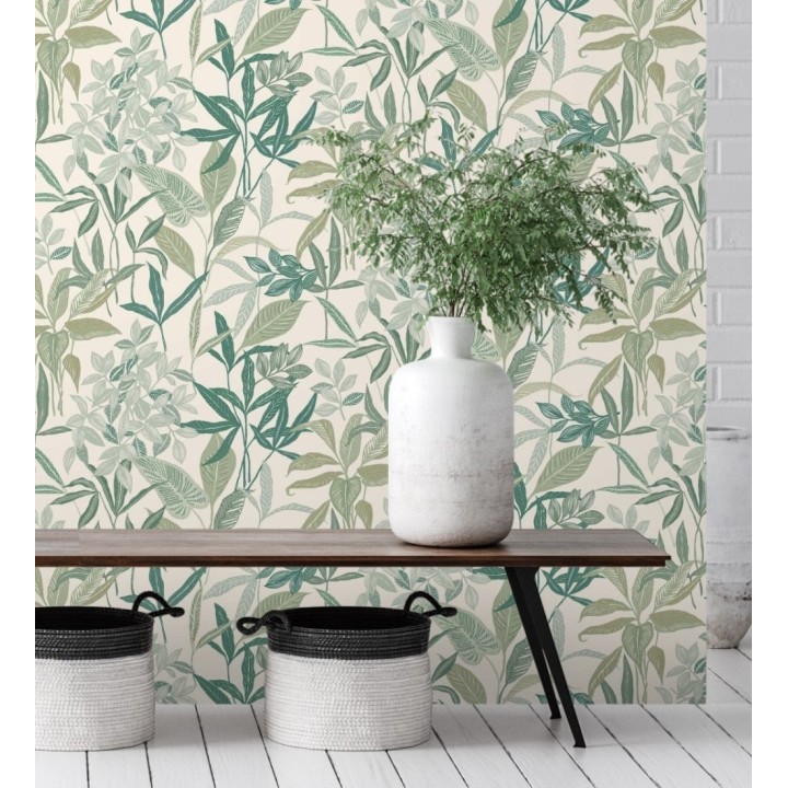 Papel pintado étnico de hojas y plantas tropicales de la India - Inda Jani 128631