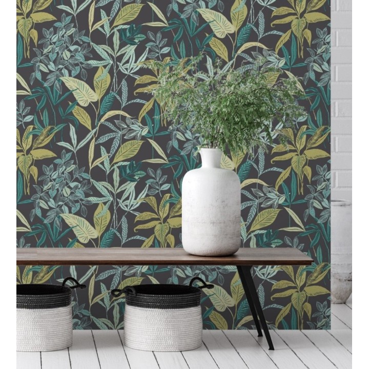 Papel pintado étnico de hojas y plantas tropicales de la India - Inda Jani 128632