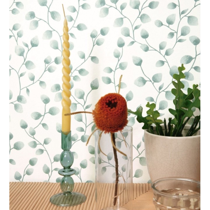 Papel pintado de hojas de eucalipto verdes y fondo blanco - Alondra 128633