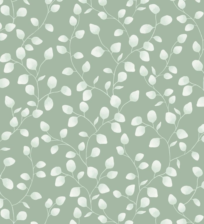 Papel pintado de hojas de eucalipto verdes y fondo verde - Alondra 128634