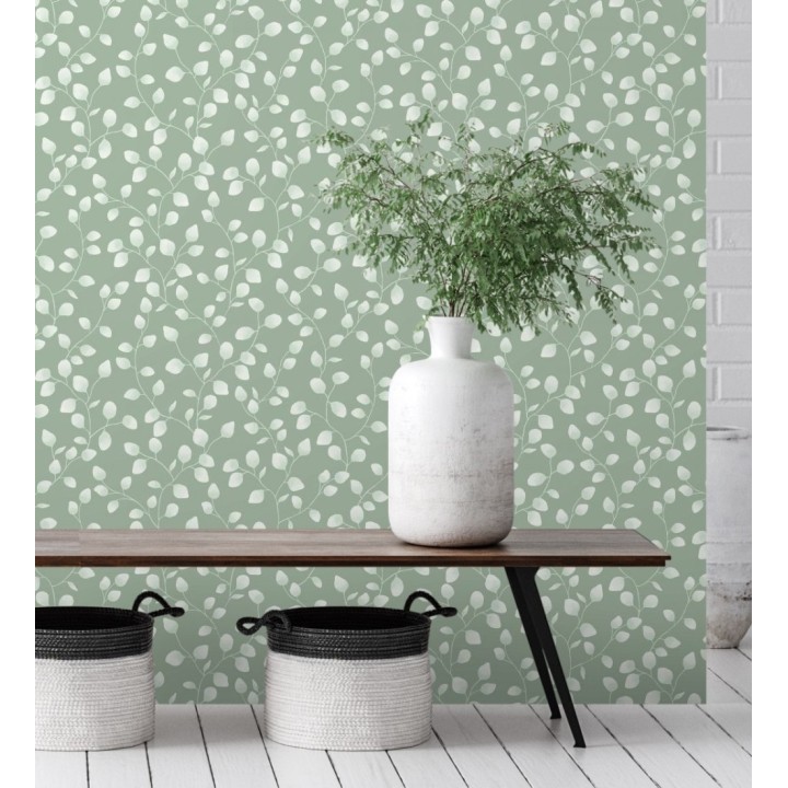 Papel pintado de hojas de eucalipto verdes y fondo verde - Alondra 128634